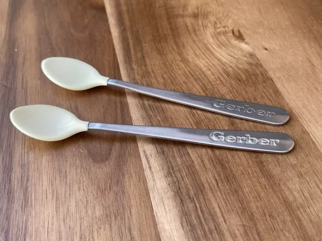 Lot of 2 Vintage Gerber Baby Spoons Pastel Yellow Soft Bite Bowl Stainless