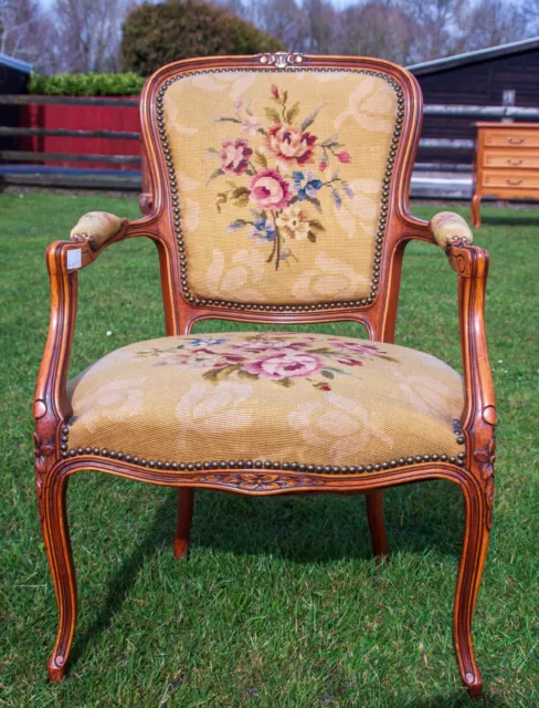 French Louis XV Carved Walnut Floral Pattern Needlepoint Armchair! SOM985