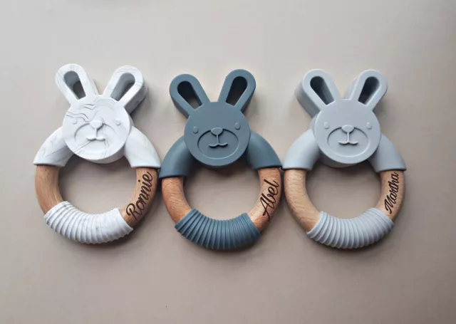 Teether toy wooden silicone personalised baby gift teething gums personalized