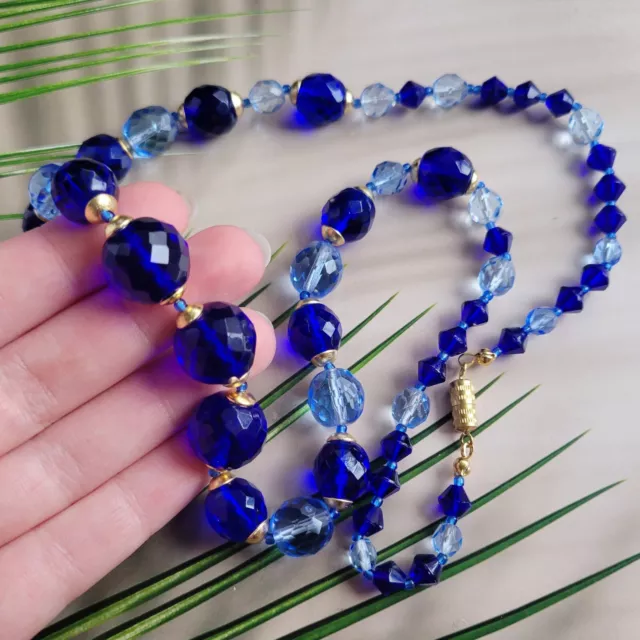 Necklace 23'' Blue Glass Cobalt Czech Beads Art Deco Style Women's Jewelry