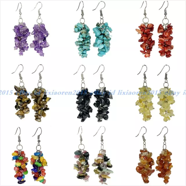 Natural Multiple Gemstone Chip Gravel Nugget Beads Dangle Silver Hook Earrings