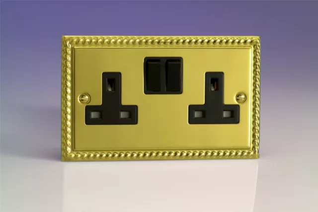 Varilight 2 Gang 13 Amp Electrical Plug Socket Georgian Brass Black Insert