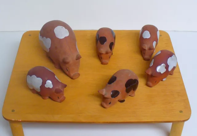 Vintage Czechoslovakia Pig Piglets Clay Figures Spotted Set of 6 Farmhouse