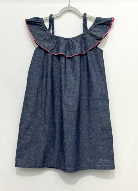 Tea Girls Sundress Dress 8 Linen Blend Grayish Blue Pockets Ruffle Logo NWOT