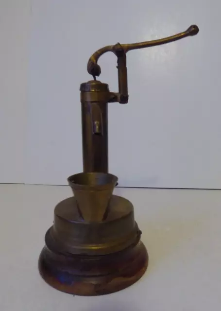 Vintage Indian Solid Brass Mini Handcrafted Hand Water Pump on Wooden Base