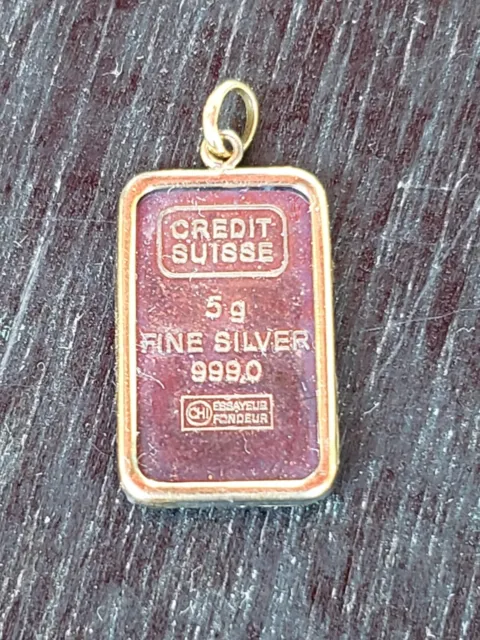 5 Gram Credit Suisse Fine Silver Bar Pendant / Charm with 14k Frame