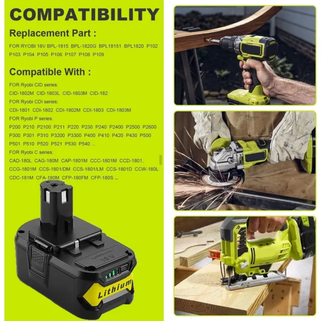 6,0 AH für Ryobi P108 18V One+Plus L-Ion 2X Akku + Ladegerät P117 P102 P103 P162 2