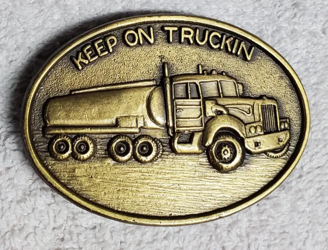 Vintage Keep on Truckin Brass Belt Buckle With Semi TankerTruck