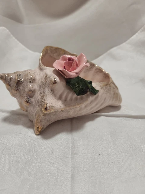 Vintage Ceramic Tan and Gilded Gold Conch Shell Planter Pink Rose Art Pottery
