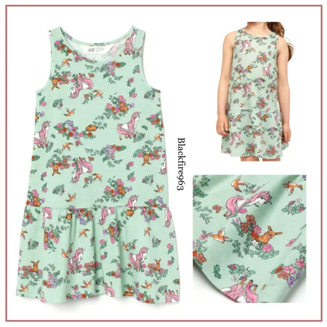 H&M Girls Green Unicorn Summer Dress Sleeveless Drop Waist Dress 2-8 Yrs BNWT