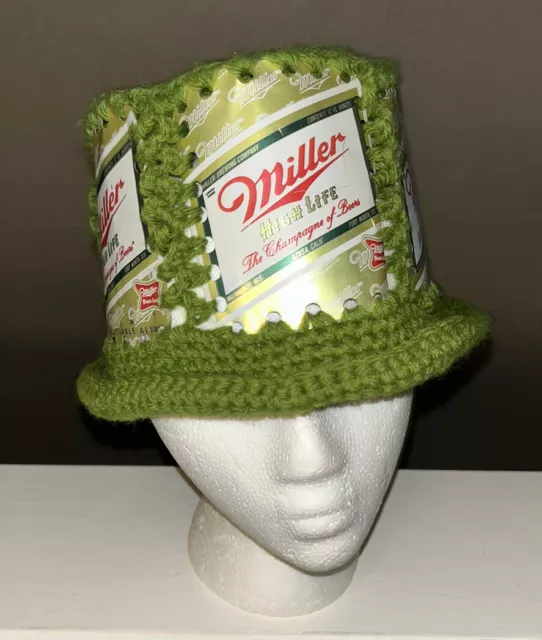 Vintage Miller High Life Beer Can Bucket Party Hat Knit Crochet