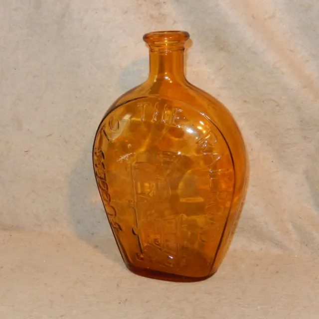Vintage SUCCESS To The RAILROAD Amber Glass Bottle Flask 9" Replica Blown Mold