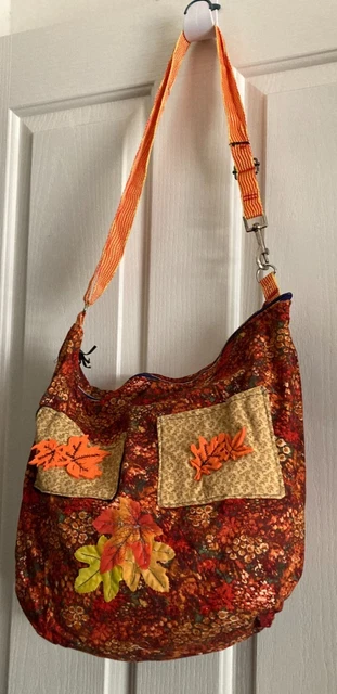 Handmade Fall Leaf Crossbody Bag 16"x14" Orange Adjustable Strap w/Pockets 