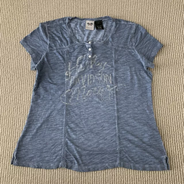 Harley Davidson Size Large L Womens Blue Henley Short Sleeves T Shirt Tee USA