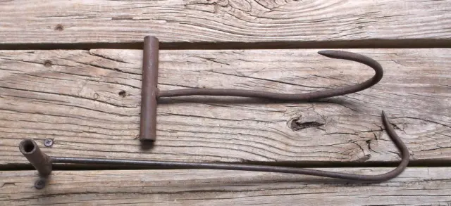 2 Antique  Rustic  Iron  Hay Hooks Farm Tools