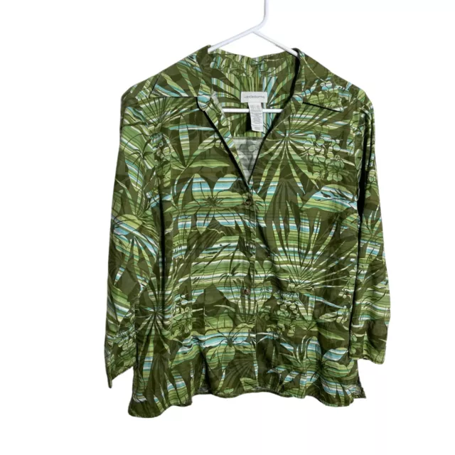 Liz Claiborne Blouse Women's XL Green Floral Button Up 3/4 Sleeve Shirt