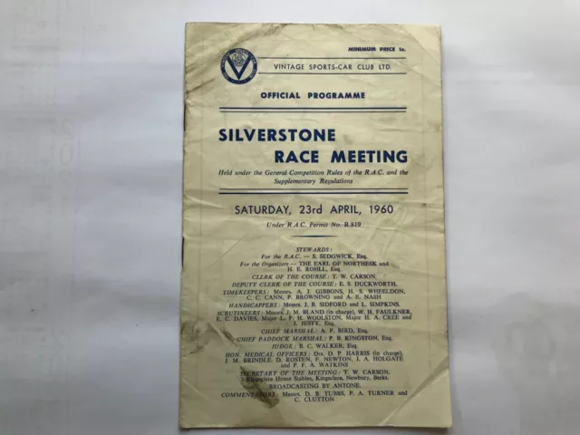 Silverstone Race Meeting. Official Programme  23rd April 1960 VSSC