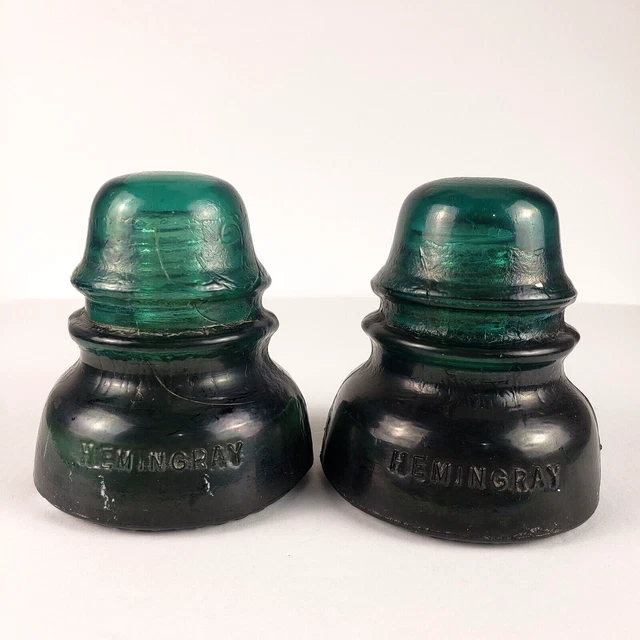 Antique Pair Hemingray Insulator No. 40 CD 152 Glass Telegraph Lime Green 1910