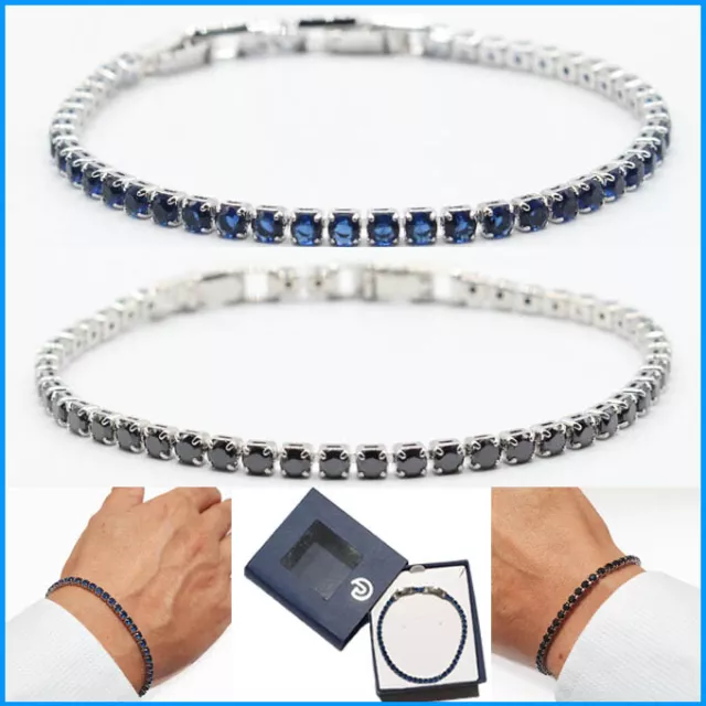 bracciale braccialetto tennis da uomo nero blu in acciaio con inox regolabile