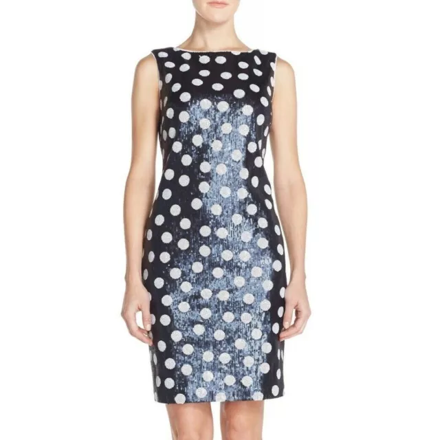 Maia Size 8 Navy Blue, White Polka Dot Sequined Sleeveless Sheath Dress