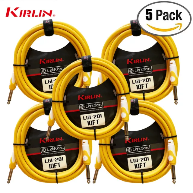 5 PACK Kirlin 10 FT Guitar Instrument Patch Cable YELLOW Free Cable Tie 1/4" NEW