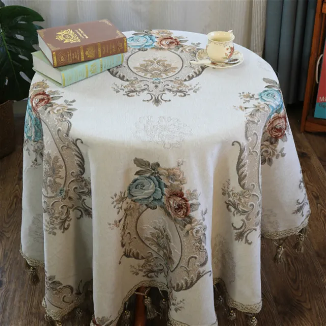 Vintage Floral Tablecloth Chenille Jacquard Round Table Cover Tassel Decor Retro