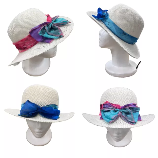 Childrens Kids Girls White Straw Hat With Pink Blue Scarf Wrap Age 10 11 12 13