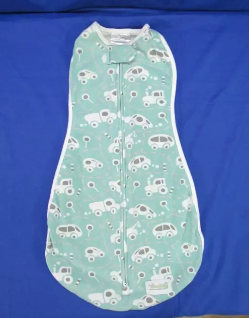 WOOMBIE Soft & Lightweight MINT/MULTI BUZZY CARS PRINT Zip SWADDLE Sleeper
