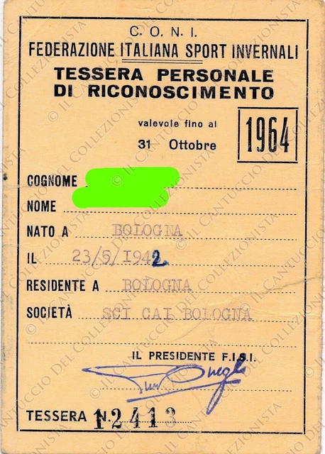 1964 Federazione Italiana Sport invernali CONI tessera