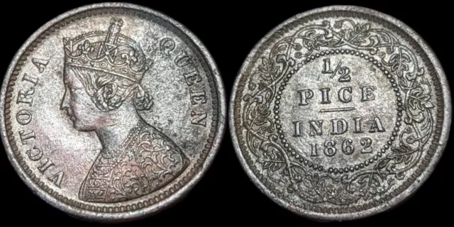 British India 1862 Queen Victoria 1/2 Pice Rare  Copper Coin