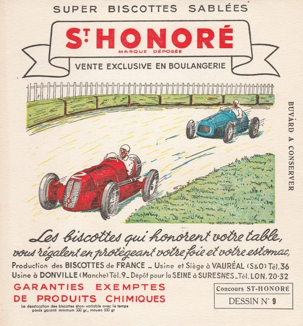 P168 ANCIEN BUVARD Super Biscottes Sablées  St HONORE Formule 1 voiture course 9