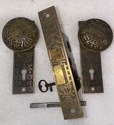 Antique Lockwood Flower Pot Design Brass Door Set, Lock With Key, Knobs, Plates