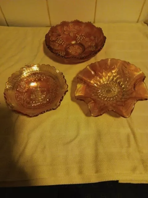 Vintage Carnival Glass Job Lot Of Bowls Lustre Orange x 3 - EXCELLENT CONDITION