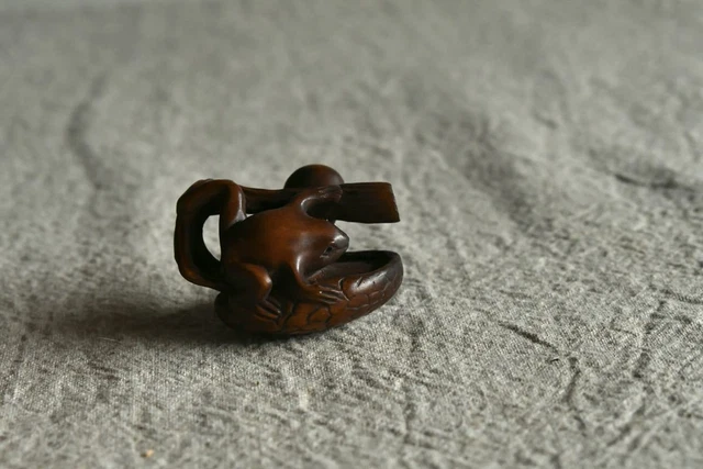 Frog on a shiitake mushroom Netsuke Tamayama signed wood carving From Japan