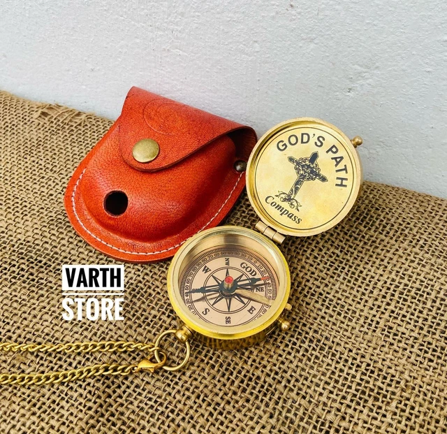 Vintage Victorian Pocket Compass Antique Brass Gift Compass With Case & Chain