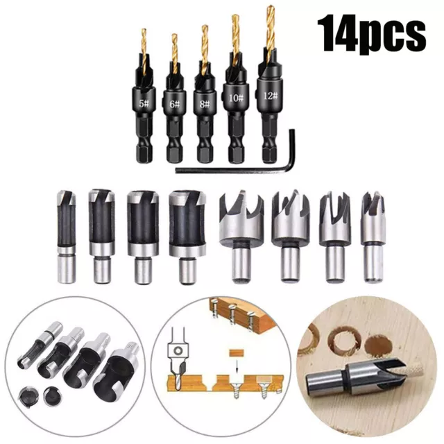 New 14pcs/Set Pack Countersink Drill Bit Wood Plug Cutter Woodworking Screw Hole