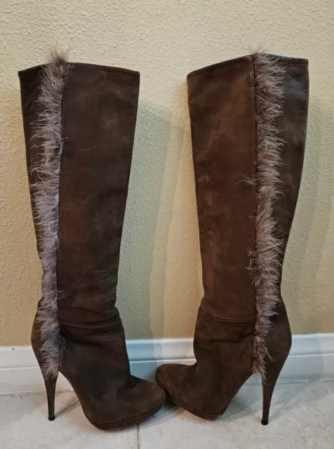 NINA RICCI Brown Leather Suede Sz 8.5 Knee High Heel Platform Boots Shoes 38.5