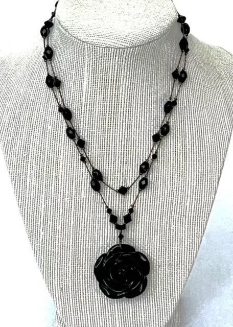 Dabby Reid Black Rose Flower ~ Two-Tier Black Crystal Beaded Necklace 15"- 17"