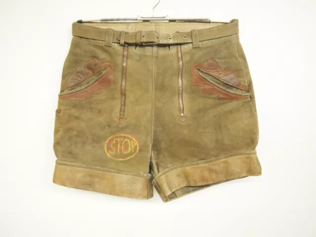 70er kurze Doppelzipp DDR Protest bemalte Lederhose VEB speckig Eichenlaub Gr.46