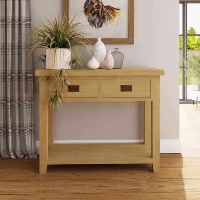Solid Oak Natural Finish Console Table 2 Drawer Large