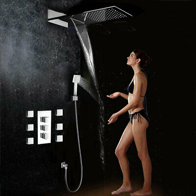 4-Way Thermostatic 22" Shower Head 6 Massage Jet Mixer Valve Hand Shower Faucet