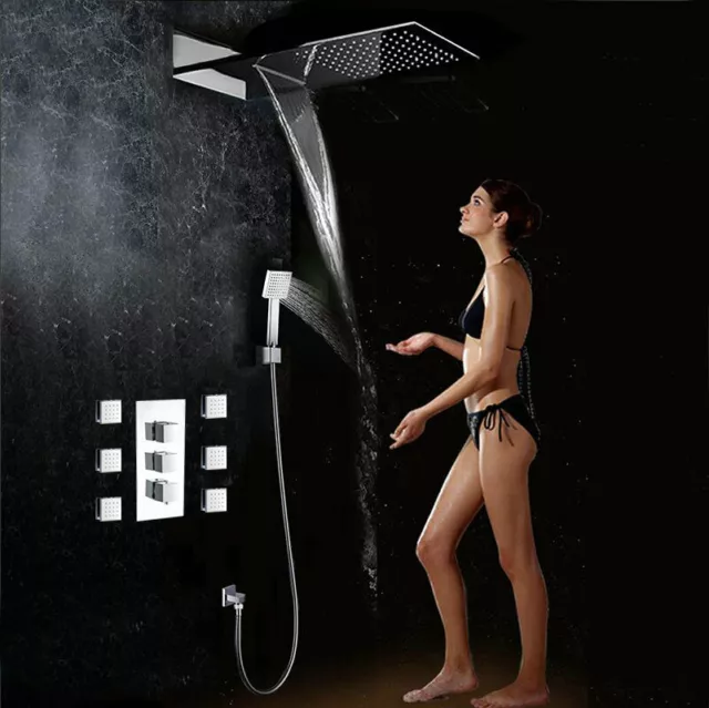 Thermostatic 22" Shower Head Massage Jet 4-Way Mixer Valve Hand Spray Faucet Kit