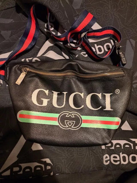 Authentic GUCCI Print Leather Belt Waist Bum Bag Black