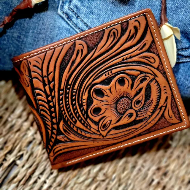Montana West Wallet Genuine Leather  Handtooled Floral Design With Basketweave