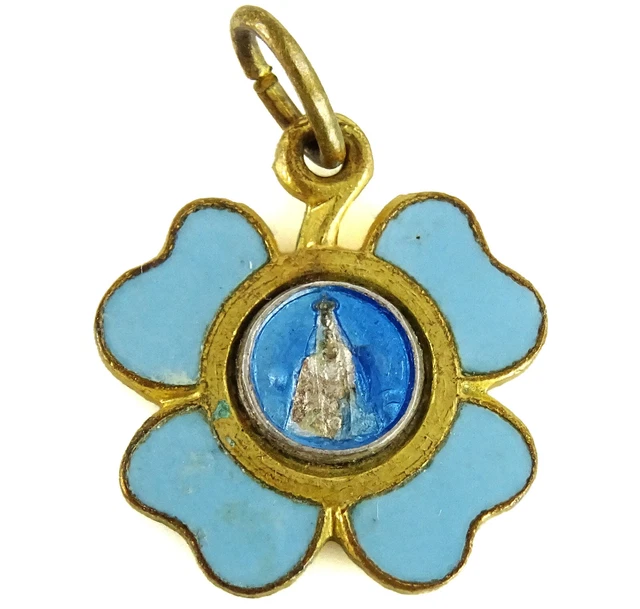 OUR LADY NOTRE Dame du Puy Vintage Medal Pendant Blue Enamel Four Leaf ...