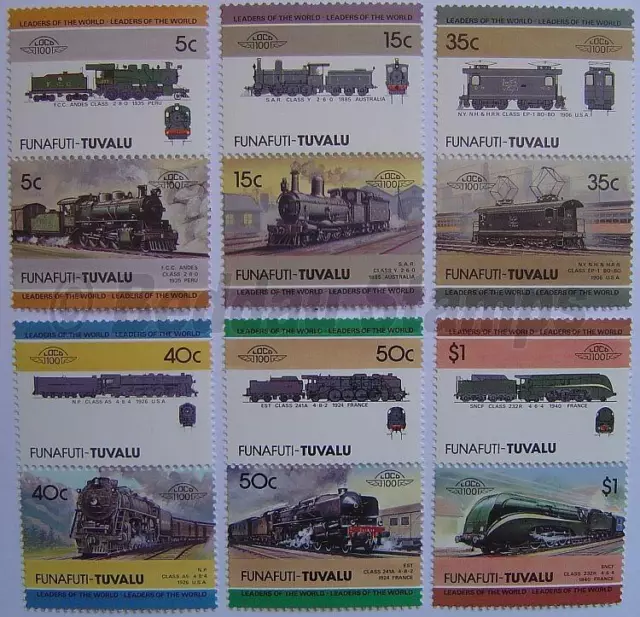 1985 FUNAFUTI Set #3 Train Locomotive Railway Stamps (Leaders of the World)