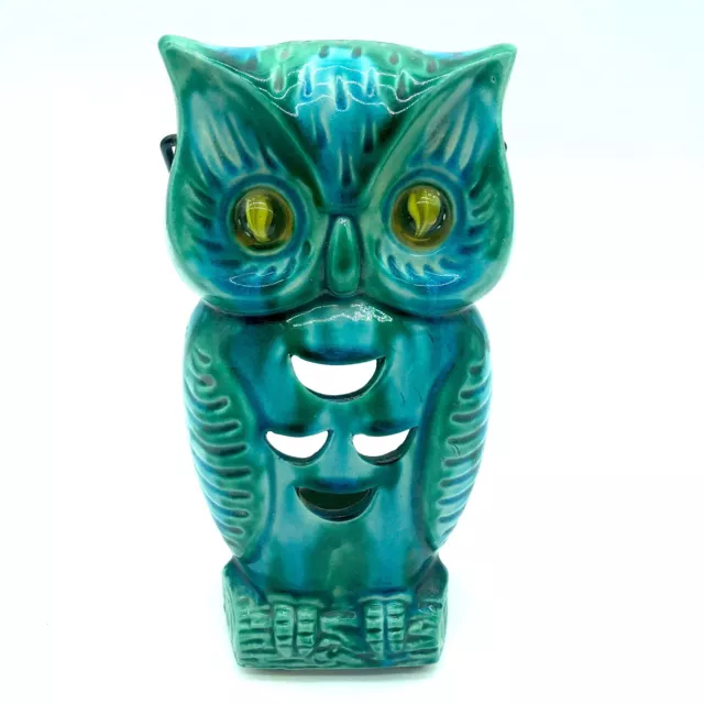 Vtg MCM Ceramic Green Blue Owl Bird Candle Holder Lantern Marble Eyes