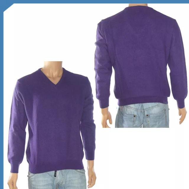 Melaverde Maglione Da Uomo Viola In Lana Con Scollo V Made Italy Taglia L Large