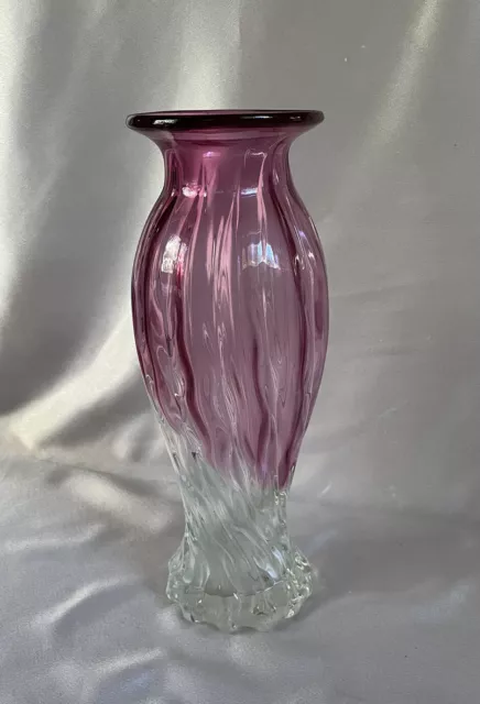 Cranberry Pink Ombré Vase Hand Blown Glass Swirl 13.5” Tall 5” Wide