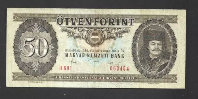 50 Forint Very Fine  Banknote From  Hungary  1986  Pick-170